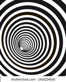 Abstract geometric hypnotic spiral. Black wormhole tunnel optical illusion.