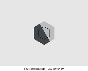 An abstract geometric icon featuring a hexagon divided diagonally into a dark gray section and a light gray section