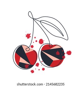 Icono geométrico abstracto. Fruta de estilo plano. Esquema de cerezo en una línea con color. Estilo de dibujo continuo. Ilustración brillante y colorida en rojo, rosa y negro. Afiche, logotipo o impresión. 