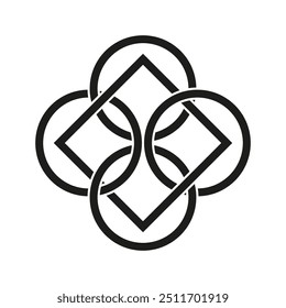 Abstract geometric icon. Intersecting circles and diamonds. Minimalist black and white design. Symmetrical vector shape.