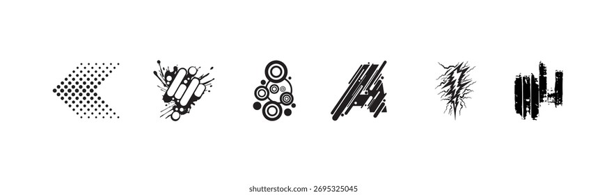 Abstrakte geometrische Icons Kollektion mit Halbtonpfeilen, Spritzer, konzentrischen Kreisen, Blitzen und gestreiften Formen in Schwarz-Weiß für moderne Designprojekte