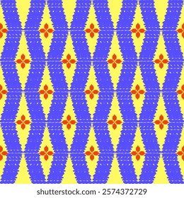 Abstract geometric ikat seamless pattern with small red flower on yellow and blue background. For fabric, background, wallpaper,  home decorating, clothing, fashion designer