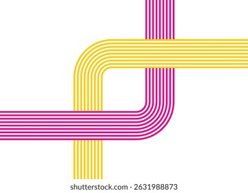 Abstract geometric illustration with colored parallel lines curved at an angle of 90 degrees. Yellow and purple lines on a white background. Modern minimalist design element, for backgrounds,