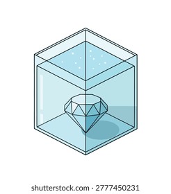 Abstract geometric illustration of a crystal diamond submerged in a transparent liquid within a cubic container, symbolizing purity, value, and clarity