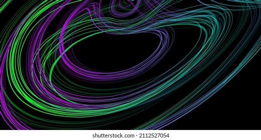 Abstract geometric illustration of doodle waves with felt-tip pen with gradient on dark background. Abstract halographic gradient background. Threads, traces of smoke.