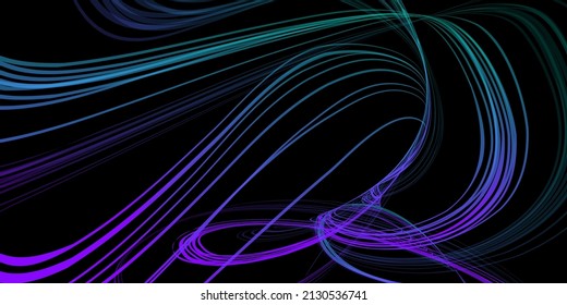 Abstract geometric illustration of doodle waves with felt-tip pen with gradient on dark background. Abstract halographic gradient background. Threads, traces of smoke.