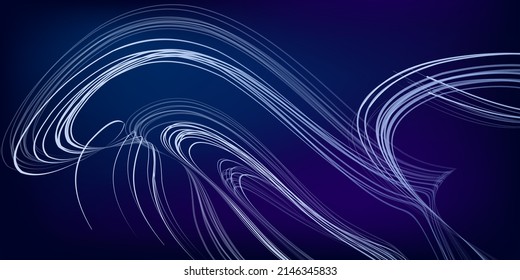 Abstract geometric illustration of doodle waves with felt-tip pen with gradient on dark background. Abstract halographic gradient background. Threads, traces of smoke.