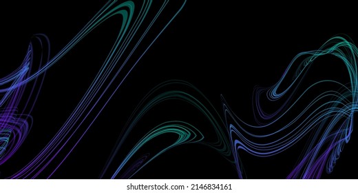 Abstract geometric illustration of doodle waves with felt-tip pen with gradient on dark background. Abstract halographic gradient background. Threads, traces of smoke.