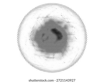 Ilustración geométrica Abstractas con una estructura circular compuesta de Formas poligonales y textura de punto de semitono. El diseño monocromo crea un aspecto moderno, futurista y artístico