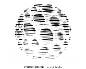 Ilustración geométrica Abstractas con una estructura circular compuesta de Formas poligonales y textura de punto de semitono. El diseño monocromo crea un aspecto moderno, futurista y artístico