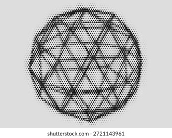 Ilustración geométrica Abstractas con una estructura circular compuesta de Formas poligonales y textura de punto de semitono. El diseño monocromo crea un aspecto moderno, futurista y artístico