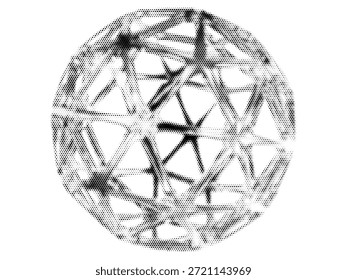 Ilustración geométrica Abstractas con una estructura circular compuesta de Formas poligonales y textura de punto de semitono. El diseño monocromo crea un aspecto moderno, futurista y artístico