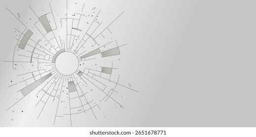 Ilustración geométrica Abstractas que presenta un patrón radial con líneas, puntos, Formas que irradian desde la circunferencia central. Para branding moderno, Diseño web, visualización de datos, proyectos creativos. Copiar espacio