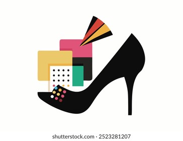 Abstract geometric illustration of a high-heeled shoe with a colorful design, perfect for fashion and design projects. This unique and stylish graphic can be used for branding, social media.