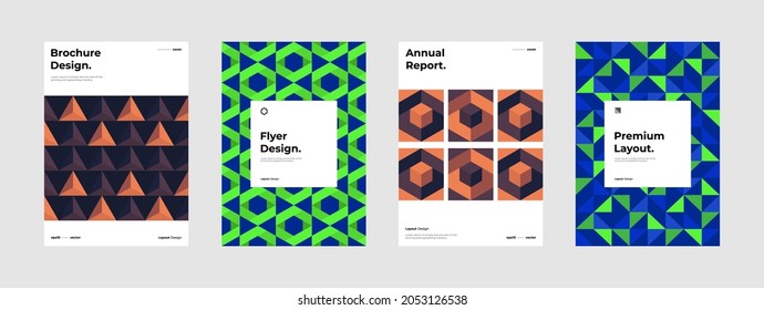 Abstract geometric illustration layout bundle. Company identity brochure template collection design. Modern corporate report cover. Texture pattern background front page mock up set. Vector eps10