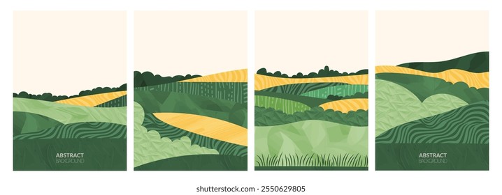 Ilustração geométrica abstrata da paisagem agrícola sustentável com arroz, trigo, vinha, batata, feijão. Campo de terraço verde, cenário rural, design ecológico, padrão aquarela moderno, agricultura