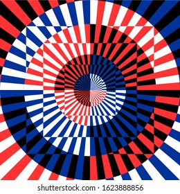 Abstract geometric image, rays and circles. White, black, red and blue colors. Vector illustration in style of op art, optical illusions