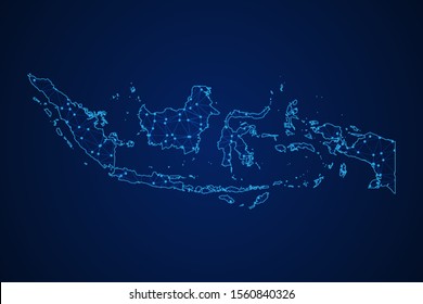 Abstract geometric of Indonesia map polygonal line, structure and point scales on blue dark background with lights and dots. Vector illustration eps 10.