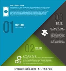 Abstract geometric infographic concept with three options text and pie chart cash gears icons vector illustration
