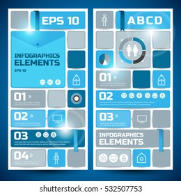 Abstract geometric infographic vertical banners with blue gray squares rectangles text ribbons options steps icons vector illustration