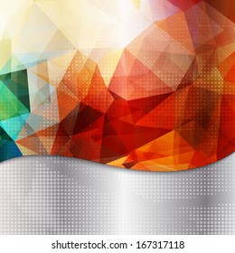 Abstract geometric invitation or poster background with shining red, yellow and green triangles, dots pattern and silver metallic base. Fully editable.