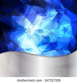 Abstract geometric invitation or poster background with shining blue triangles, dots pattern and silver metallic base. Fully editable.