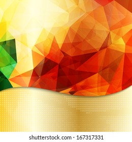 Abstract geometric invitation or poster background with shining red, yellow and green triangles, dots pattern and gold metallic base. Fully editable.