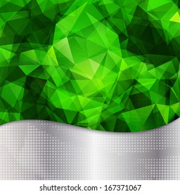Abstract geometric invitation or poster background with shining green triangles, dots pattern and silver metallic base. Fully editable.