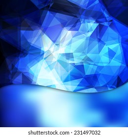 Abstract geometric invitation or poster background with shining blue triangles and blurry metallic base.