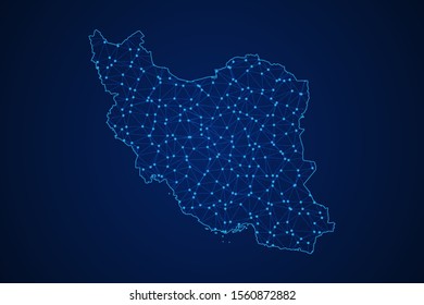 Abstract geometric of Iran map polygonal line, structure and point scales on blue dark background with lights and dots. Vector illustration eps 10.