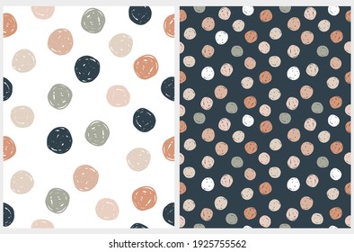 Abstract Geometric Irregular Vector Patterns with Polka Dots. Cute Gray, Brown, Dark Blue and Pale Green Brush Dots on a White and Dark Blue Background. Simple Hand Drawn Dotted Print. 