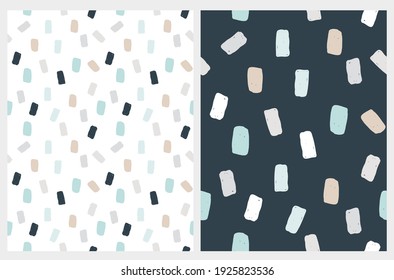 Abstract Geometric Irregular Vector Patterns with Squares. Cute Gray, Beige, Blue and Turquoise Brush Spots on a White and Dark Blue Background. Simple Hand Drawn Doodle Print. 