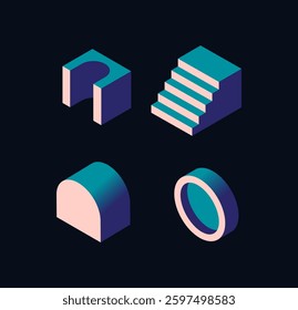 Abstract geometric isometric shapes in blue and pink tones on a dark background. Modern minimalistic design concept for architecture, construction, and design. Vector illustration
