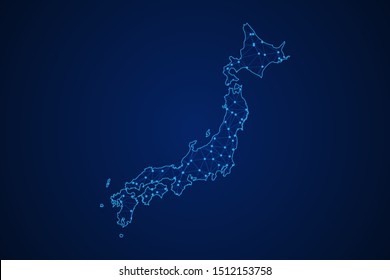 Abstract geometric of Japan map polygonal line, structure and point scales on blue dark background with lights and dots. Vector illustration eps 10.