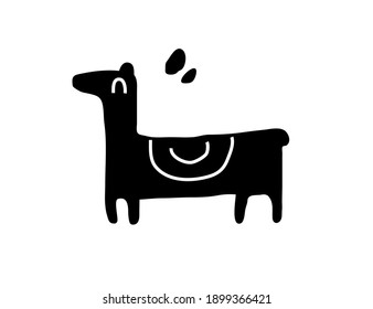 Abstract geometric kawaii llama with smiling face as a decorative element for contemporary trendy design. Isolated black silhouette, vector illustration