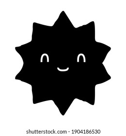 Abstract geometric kawaii sun with smiling face as a decorative element for contemporary trendy design. Isolated black silhouette, vector illustration.