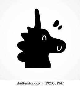 Abstract geometric kawaii unicorn with smiling face as a decorative element for contemporary trendy design. Isolated black silhouette, vector illustration.