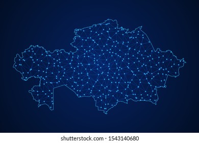 Abstract geometric of Kazakhstan map polygonal line, structure and point scales on blue dark background with lights and dots. Vector illustration eps 10.