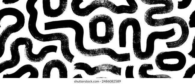 Abstract geometric labyrinth motives seamless pattern. Hand drawn bold curved and squiggle lines, round squares. Abstract geometric texture with thick brush strokes. Vector ink graphic illustration.