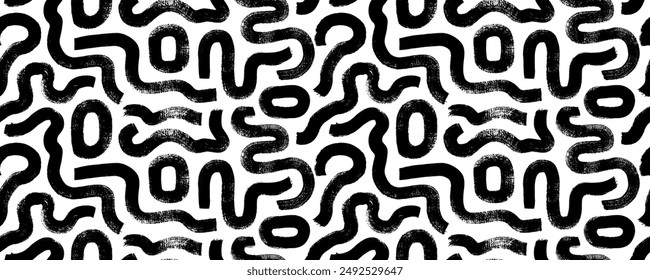 Abstract geometric labyrinth motives seamless pattern. Hand drawn bold curved and squiggle lines, round squares. Abstract geometric texture with thick brush strokes. Vector ink graphic illustration.