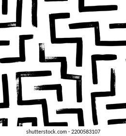 Abstract geometric labyrinth seamless pattern. Intricate brush lines with right angles. Hand drawn black and white geometric background with irregular maze. Vector black ink ornament with brushstrokes