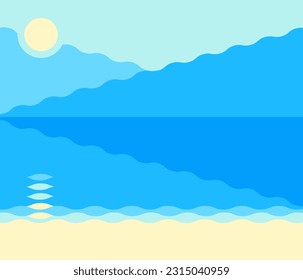 abstract, geometric landscape with blue sea and sky, yellow beach, sun and reflection