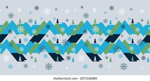 Abstract geometric landscape Border with hills, pine trees and snow flakes. Holiday seamless vector illustration in winter colours. Great for Christmas wrapping paper, greeting cards and posters.