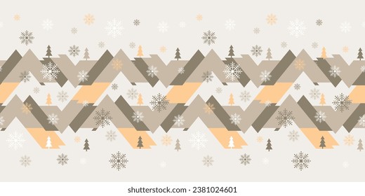 Abstract geometric landscape Border with hills, pine trees and snow flakes. Holiday seamless vector illustration in earthy colors. Great for Christmas wrapping paper, greeting cards and posters.