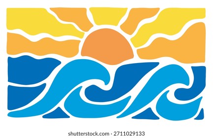 Paisagem abstrata e geométrica composta de sol amarelo e laranja e ondas e mar azul.