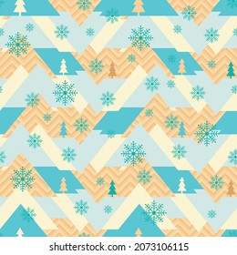 Abstract geometric landscape in orange and blue with hills, pine trees and snow flakes. Holiday seamless vector illustration for Christmas wrapping paper, greeting cards and gift boxes.