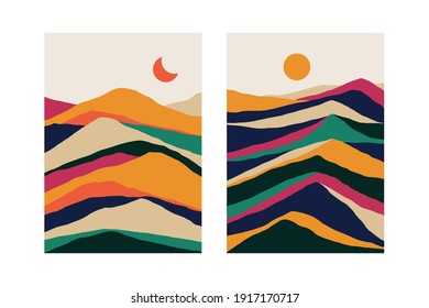 Abstract geometric landscape painting. Minimalist mountain wall decoration, contemporary posters 50s aesthetic. Vector art