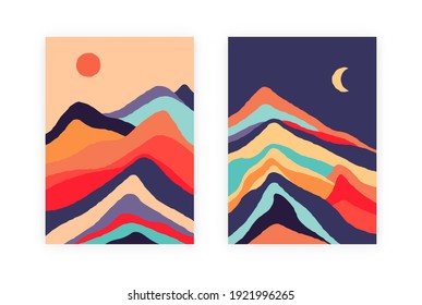 Afiches de paisaje geométrico abstracto. Decoración minimalista de paredes de montaña, pintura contemporánea estética de los años 50. Ilustración del vector