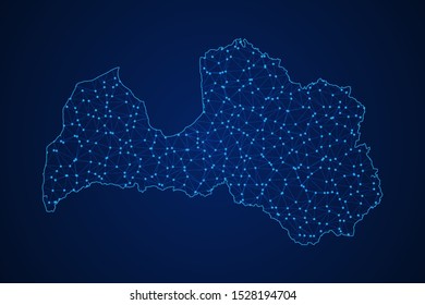 Abstract geometric of Latvia map polygonal line, structure and point scales on blue dark background with lights and dots. Vector illustration eps 10.