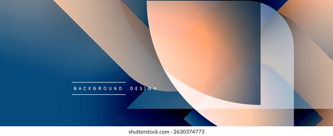 Camadas geométricas abstratas criam um design moderno. Gradientes azuis, pêssego e cinza se misturam perfeitamente. Estética minimalista, linhas limpas apresentam harmonia visual.